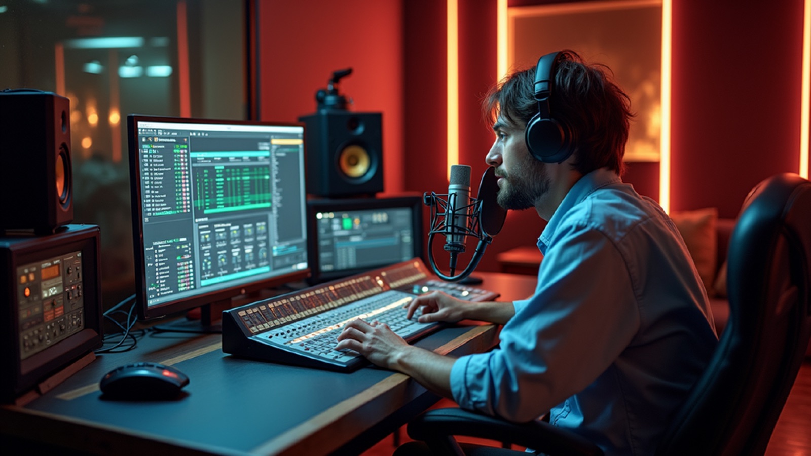 High-quality podcast microphone in a professional studio