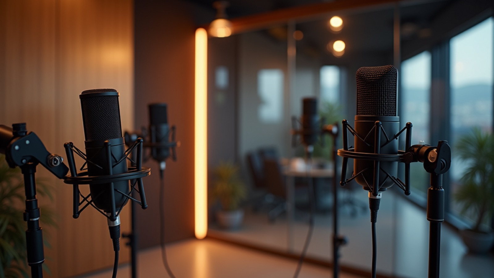 Podcast studio control room with mixing console and monitors